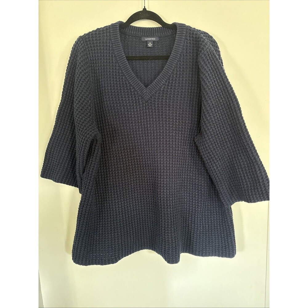 Lands End 1X Women Sweater VNeck Navy Blue Chunky Knit warm Flare Hem